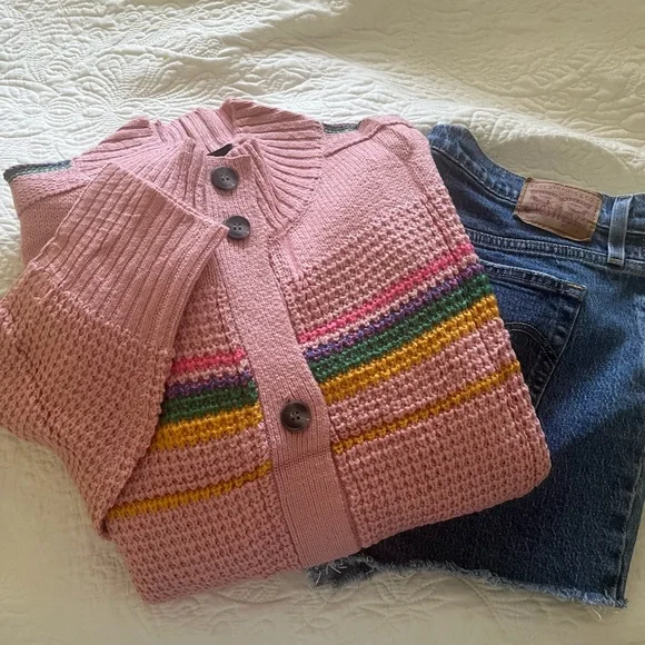 Pink Stripe Cable Knit Cardigan Summer Sweater. Size: Medium (8-10) NWT - Picture 6 of 10